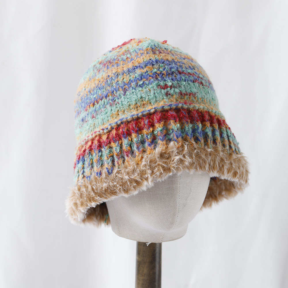 Niche Design Retro-Farbverlauf-Fransen-Strick-Bucket für Damen, Herbst und Winter, warmer Ohrenschutz, Gesichtsformer_voghion.com