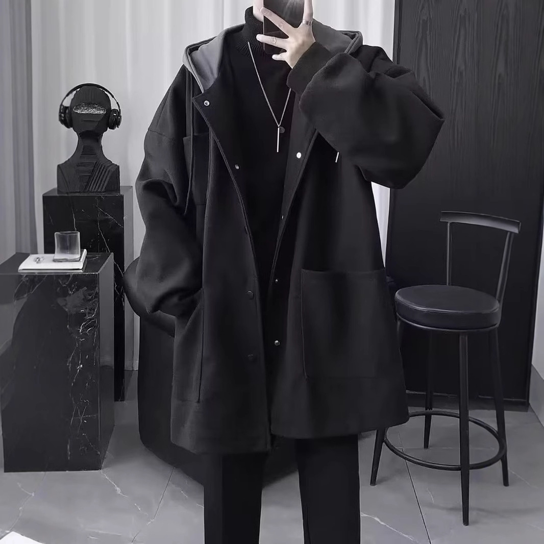 Autumn/Winter Men's Cool and Stylish Mid-Length Sweater with Hooded Layered Look, Thick Solid Color Sweater for Teenagers
