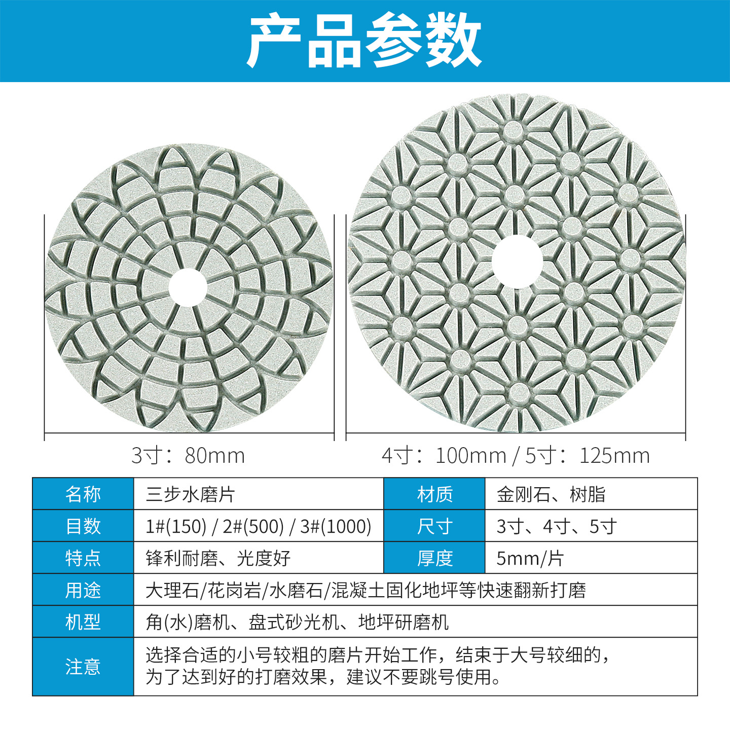 Tres-Paso de agua pulido pieza de piedra de pulido Pieza No. 123 pieza de molienda rápida de mármol granito de 4 pulgadas amoladora de ángulo de renovación pieza