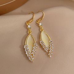 2024年新款潮設計感菱形貓眼石樹葉耳環女氣質輕奢高級感耳環耳飾