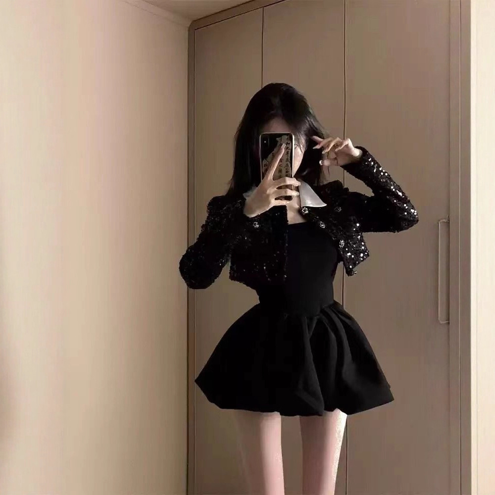 富家千金小香风套装春秋新款高级感名媛短外套方领公主蓬蓬连衣裙