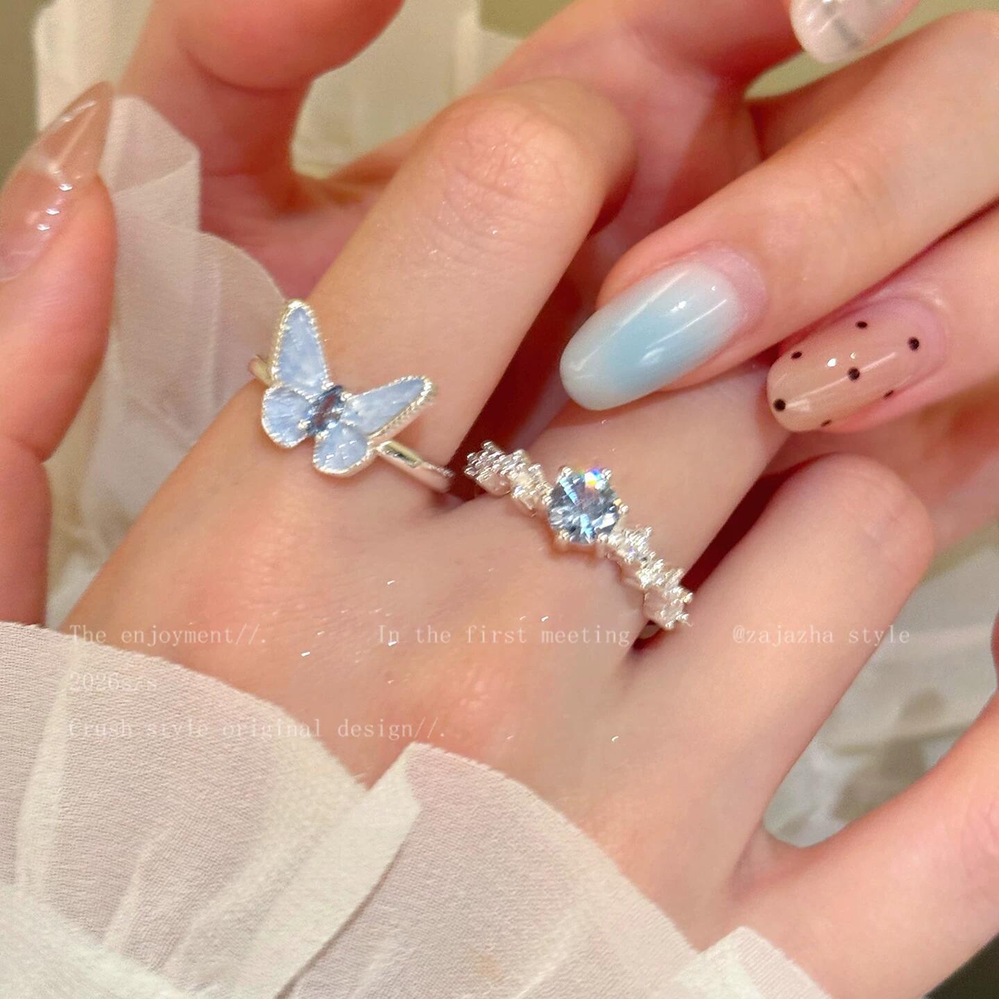 Blue Butterfly Island~Ice Blue Diamond Butterfly Ring for Women, Unique Design, Index Finger Ring, Exquisite and Versatile Open Ring