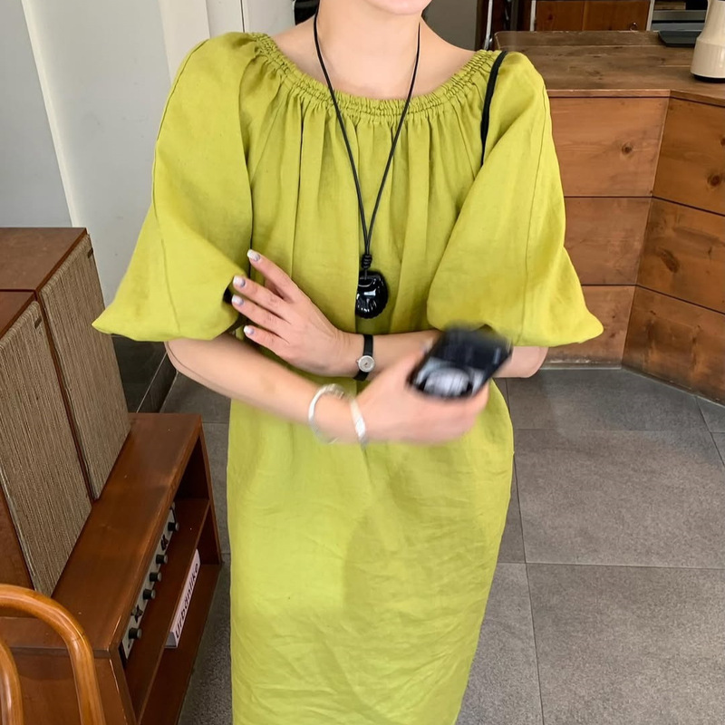 Korean-Style Mustard Yellow Pleated Collar Puff Sleeve Dress for Women, Loose and Lazy Style with Drapey Pockets, Long Straight Dress Korean-Style Mustard Yellow Pleated Collar Puff Sleeve Dress for Women, Loose and Lazy Style with Drapey Pockets, Long Straight Dress