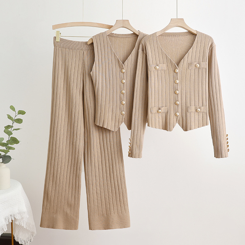 Women's Clothing Fashion suit long sleeved V neck single breasted knitted jacket three piece vest high waist straight wide leg pants_voghion.com