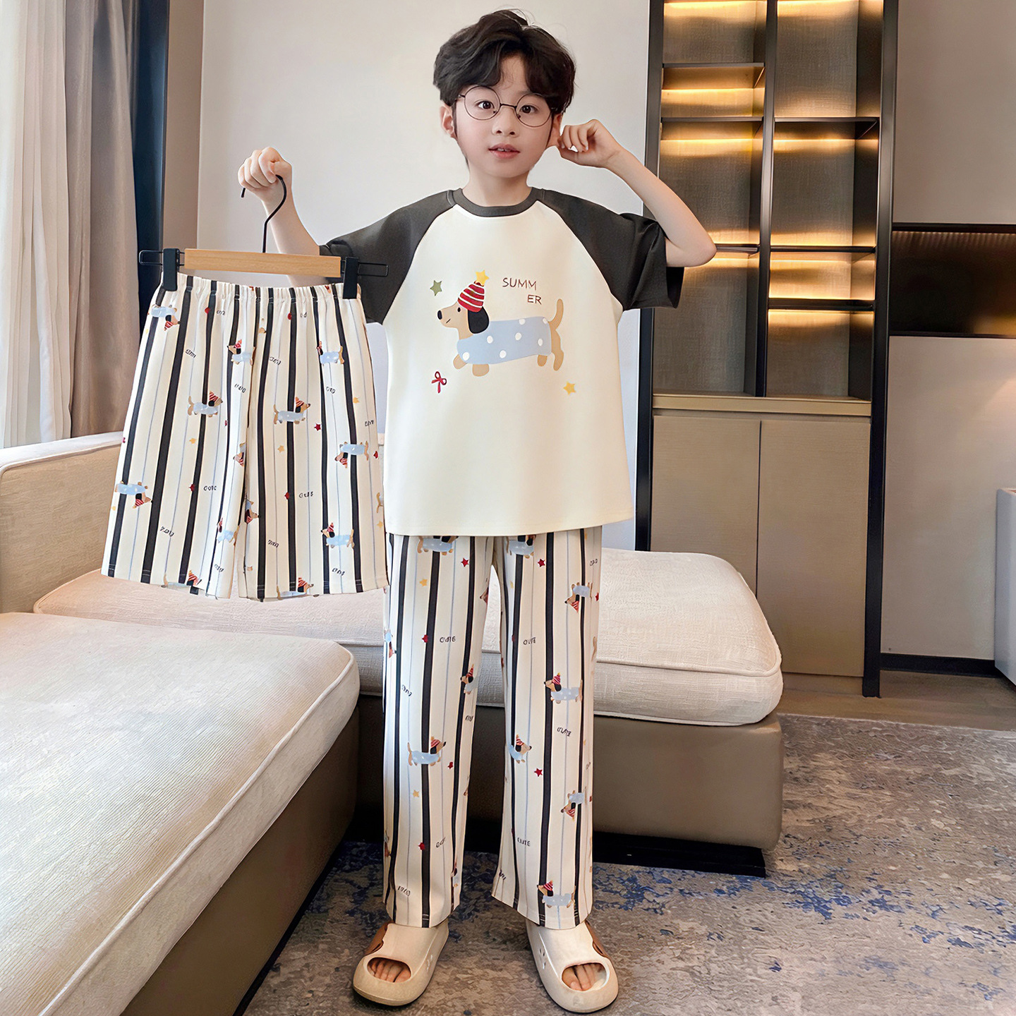 2026 nuevo pijama de verano de algodón delgado de manga corta de tres piezas de ropa de hogar para niños niños de verano