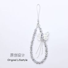 原创新款水晶蝴蝶流苏手机链手机壳装饰钥匙扣包包挂绳链条挂饰