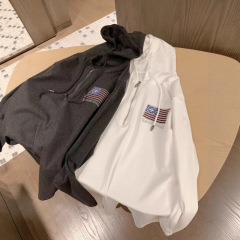 CH2025早秋新款重工烫钻旗帜帽衫两色设计感气质半拉链上衣厂家批