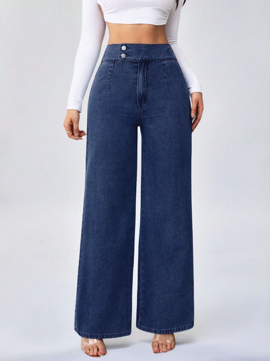 Högmidjade jeans med raka ben för damer med dubbla knappar_voghion.com