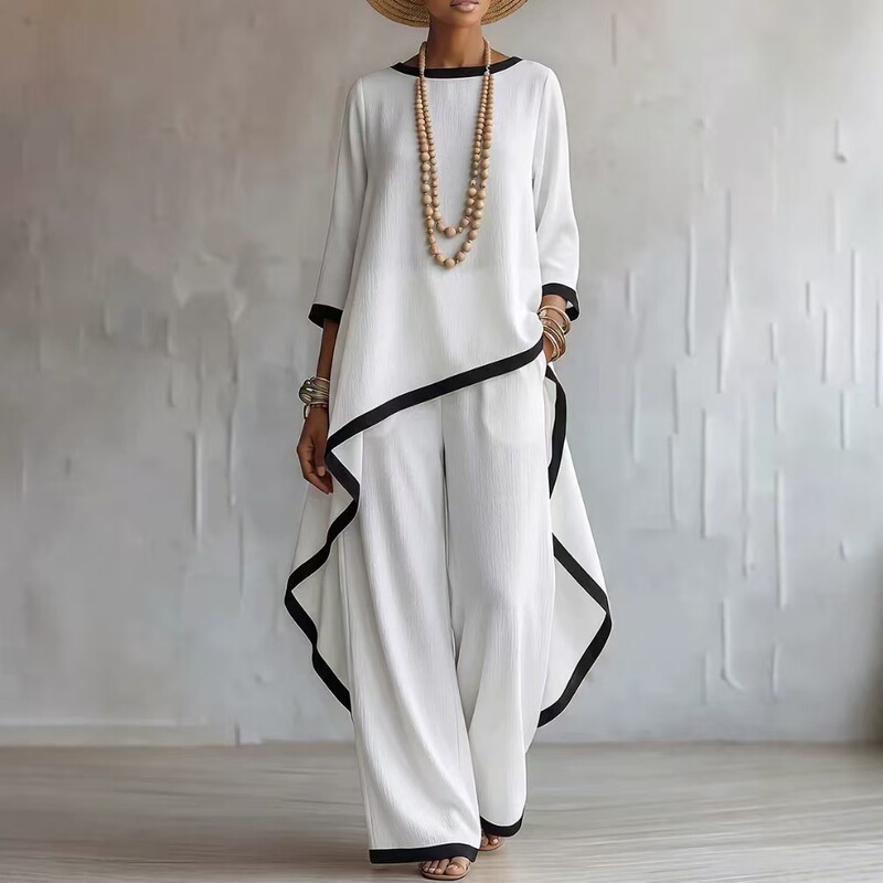 European and American Cross-Border New Style Old Money Style Cotton and Linen Irregular Design Long-Sleeve Blouse and Wide-Leg Pants Two-Piece Women's Set