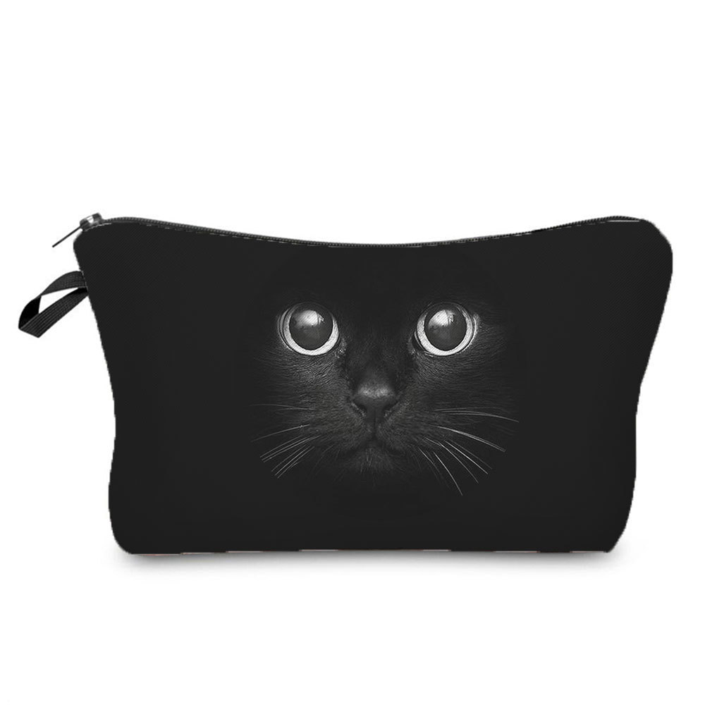 50g Weight Polyester Lining Material Zipper Closure Type / Strap Type Cosmetic Bag Bags Type New Black Cat Printed Travel Simple Wash Bag Women's Cosmetic Bag Travel Portable Zipper Storage Bag Printable