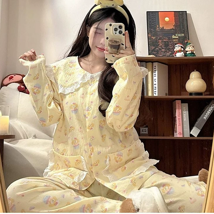 [Tinker Bell] Хлопковые весенне-осенние новые милые повседневные пижамы, женские длинные рукава и брюки, домашняя одежда