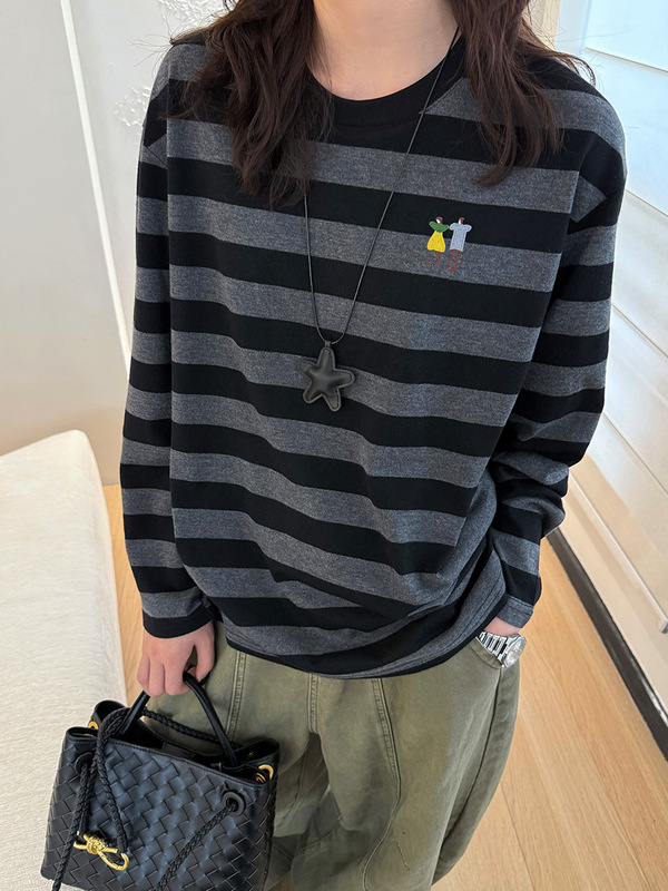 黎诺秋新款韩版卡通刺绣条纹长袖T恤女2025慵懒洋减龄圆领打底|undefined