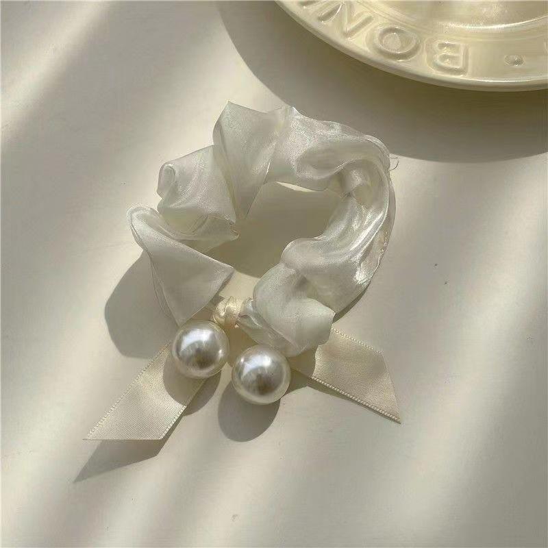 Nuovo stile Primavera/Estate Semplice Elastico per capelli in raso di alta qualità con fiocco e perle, accessorio per capelli leggero e lussuoso._voghion.com