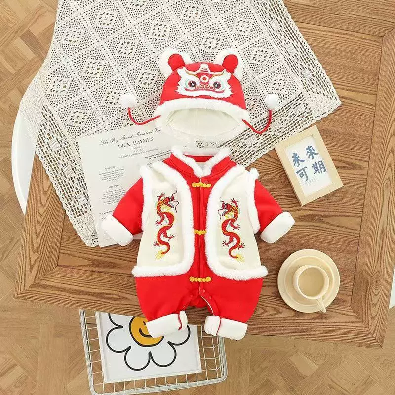 婴儿拜年服喜庆连体衣宝宝冬装满月百天周岁礼服新生儿过新年衣服