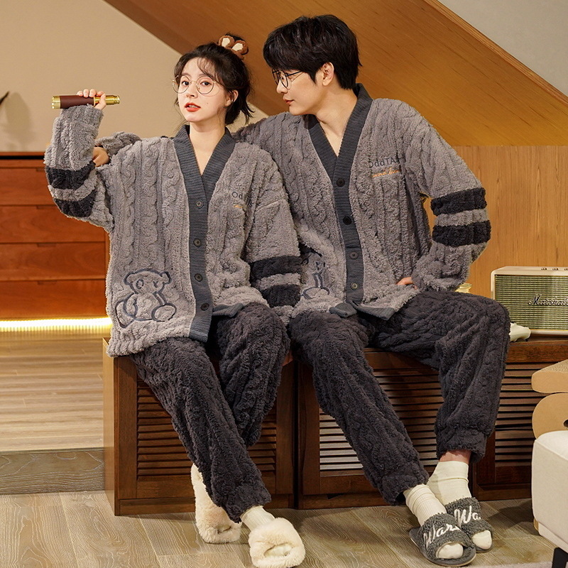 (2개) 커플 파자마 겨울 산호 털 가을 겨울 두꺼워진 한 남자 한 여자 플러스 털 따뜻한 플란넬 홈 옷 정장