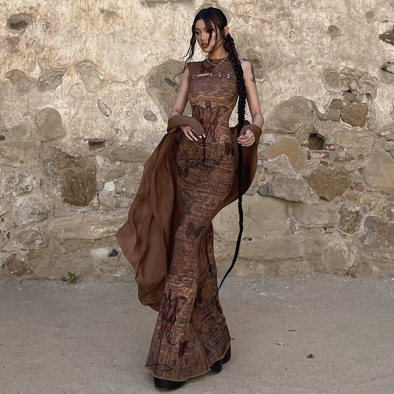 A518DS Европа и США Spice Girl 2024 лето новая мода с круглым вырезом без рукавов повседневное длинное облегающее платье