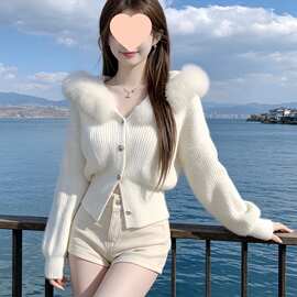 毛毛领连帽奶fufu毛衣女秋冬慵懒温柔风超好看长袖针织衫外套