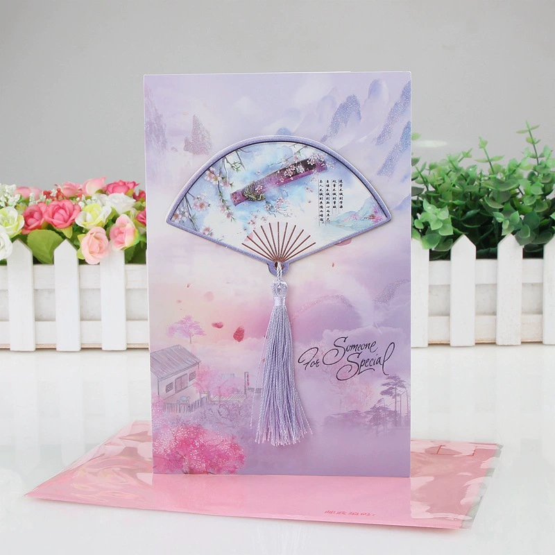 Greeting Card (Sansui) Chinese Style D1/D02/F02, Tassel & crystal-glue finish, folded 14×21.5 cm