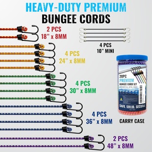 Product Tagless Premium Bungee Cord Heavy Duty 20 Bungee Cords with Hooks in One Storage Jar