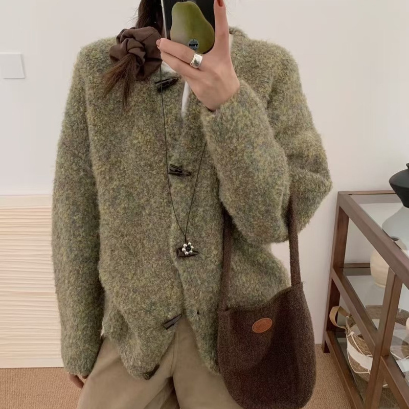 法式牛角扣针织衫外套女软糯圈圈纱毛衣开衫秋冬季小众设计感上衣|undefined