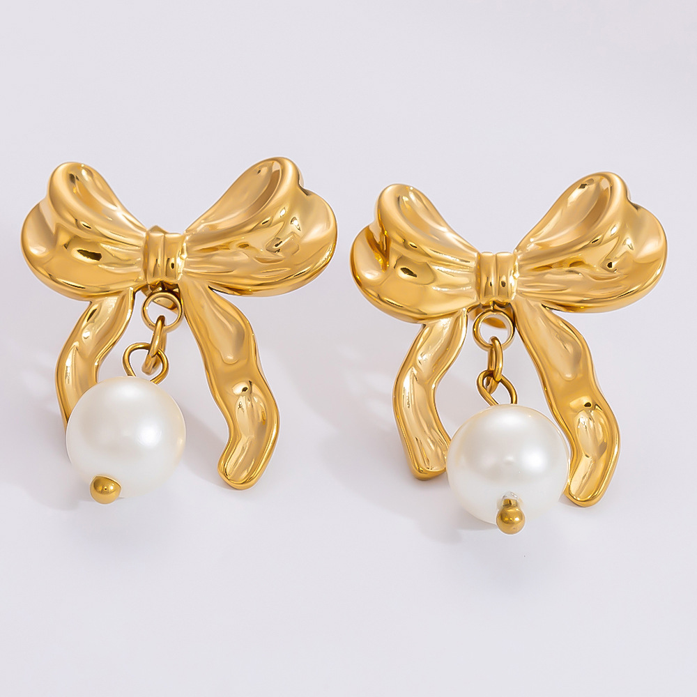 PVD Coated Real Gold Plated Heart Shape Flower Bow Knot 304 Stainless Steel Simple Style Commute Waterproof Non Tarnish Drop Earrings display picture 7