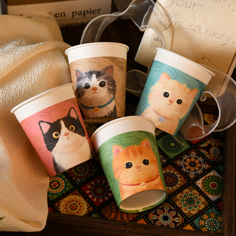 New Style Oil Painting Puppy Disposable Paper Cup 250ml Thickened Household Cute Cartoon Pattern Water Cup Whole Box