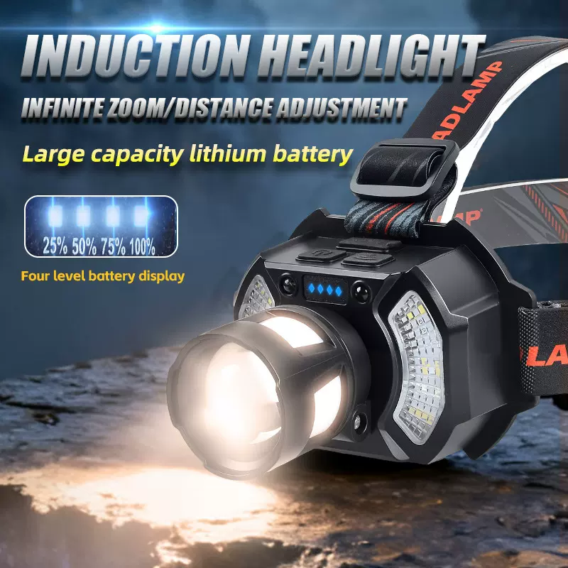 定焦强光感应头灯充电头戴式手电筒户外夜钓鱼矿便捷式远近光头灯
