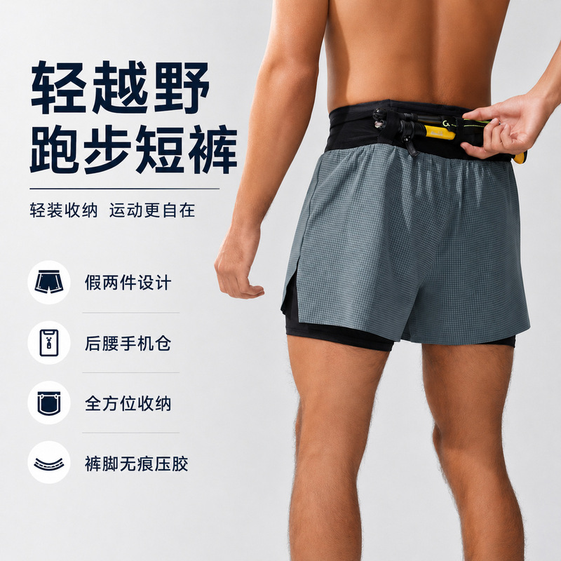 Trail Running Sports Shorts Men's Summer Marathon Fitness Basketball Pants Double Layer Fake Two-Piece Outdoor Mountaineering Shorts