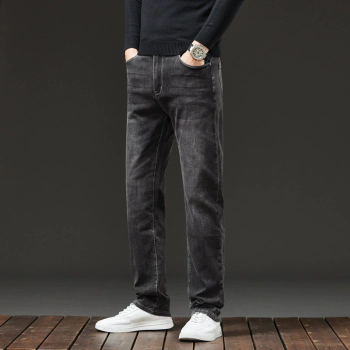 Elite demi-season loose straight jeans, blue casual trousers for leisure, loose fit, autumn