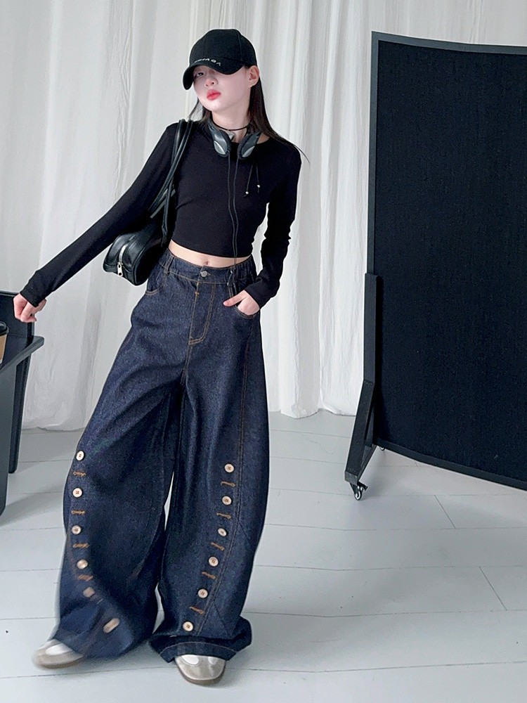 Men's Clothing Buttoned Scimitar Jeans Vintage Button-Fly Curved Hem Jeans For Kids - Soft Denim Stretch Comfort Fit (120-170cm, Unisex)_mkmklike.com