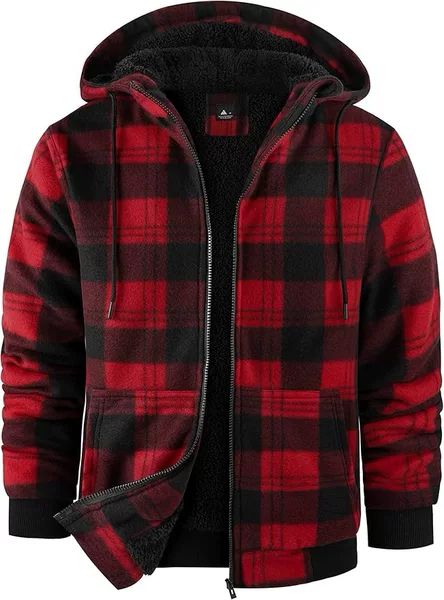Men's Sweatshirt Flannel Fleece Sweatshirts Plaid Full Zip Jacket Lambswool Lined Winter Warm Coat