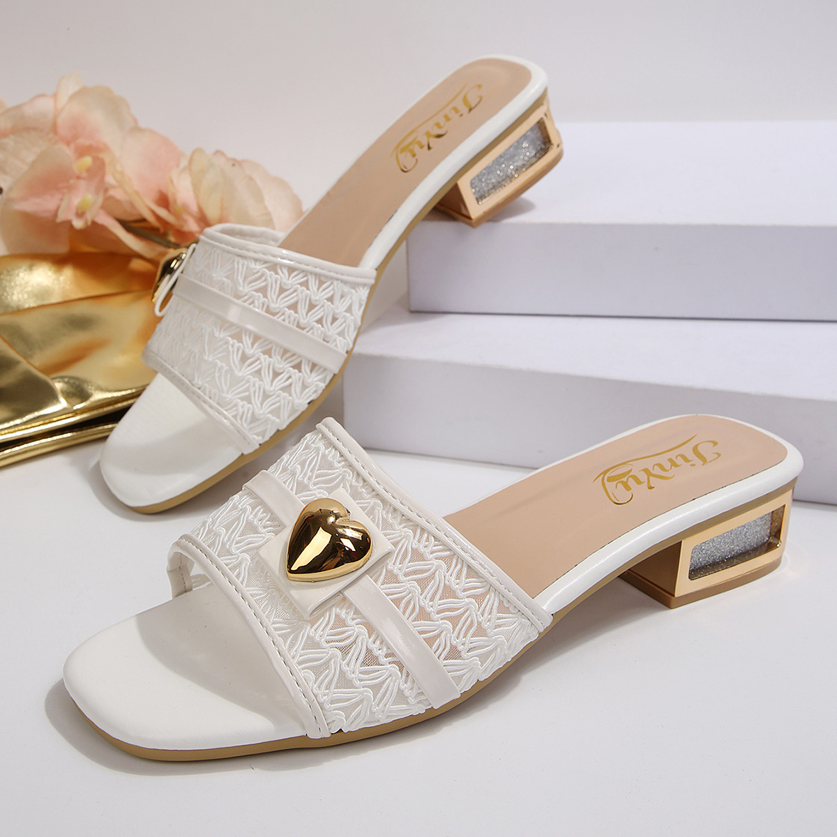 Sandalias de Tacón Alto para Mujer de Cuero Artificial con Puntera Cuadrada y Cadena Decorativa para Verano