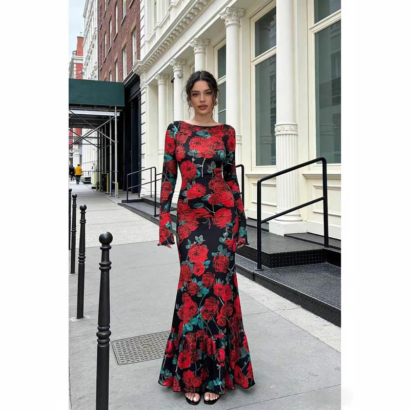 Spring and Autumn New Cross-Border European and American Style Round-Neck Elegant Slim-Fit Long Dress with Rose Floral Print and Slightly Flared Sleeves, Bodycon Dress