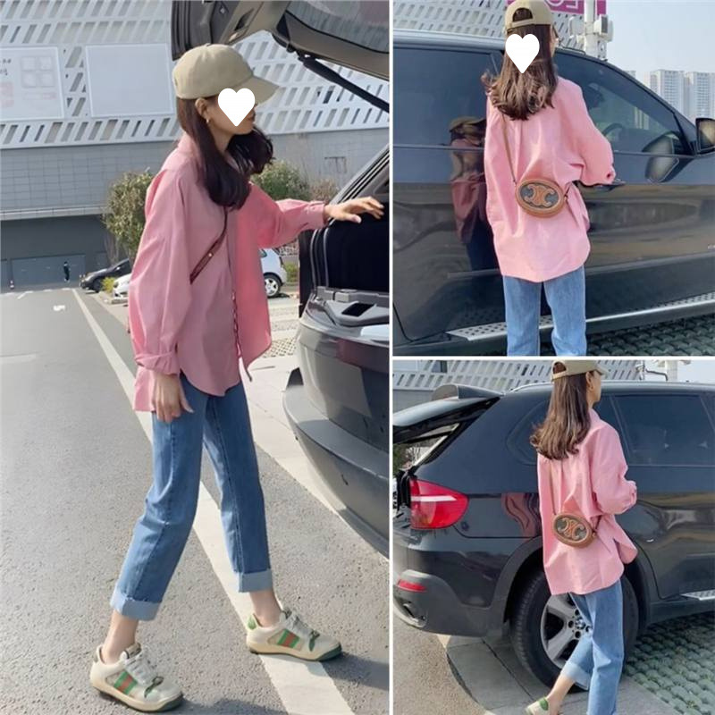 成套搭配女装2025年春秋季新款粉色长袖衬衫搭配蓝色牛仔裤两件套