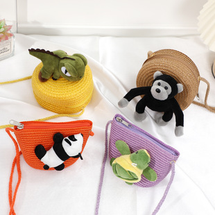 Children's Woven Straw Mobile Phone Bag for Girls Cute Boys Crossbody 2025 New Style Western Style Bear Small Bag Dinosaur