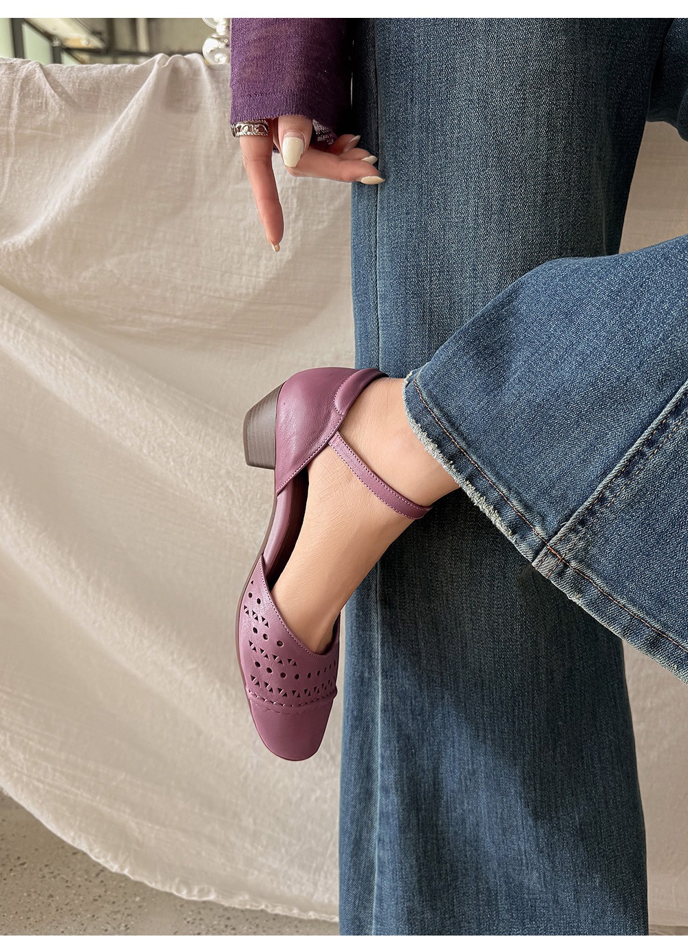 Sandal nữ da cừu mũi trùm gót thấp quai ngang một dây hở gót — màu tím chi tiết 19