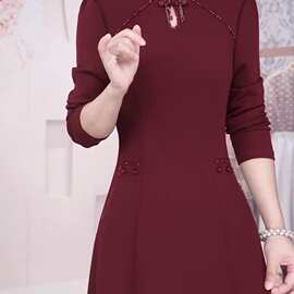 国风长袖改良旗袍连衣裙女春秋新款喜婆婆妈妈婚宴礼服裙2026年款