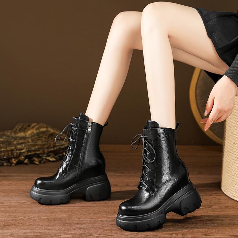 Boot Martin nữ đế xuồng da thật mũi tròn gót cao 6 cm dây buộc — nhung đen, Nhung nâu, Lớp lót đơn màu đen, Lớp lót đơn màu nâu