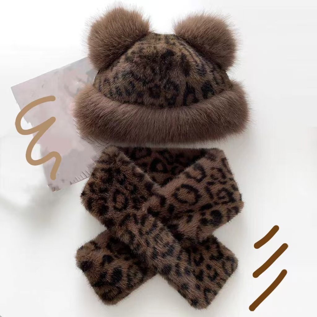 Sombrero de leopardo de Mongolia de peluche osos orejas sombrero de mujer otoño invierno imitación de piel sombrero de pescador bufandas variantes bufandas image 1