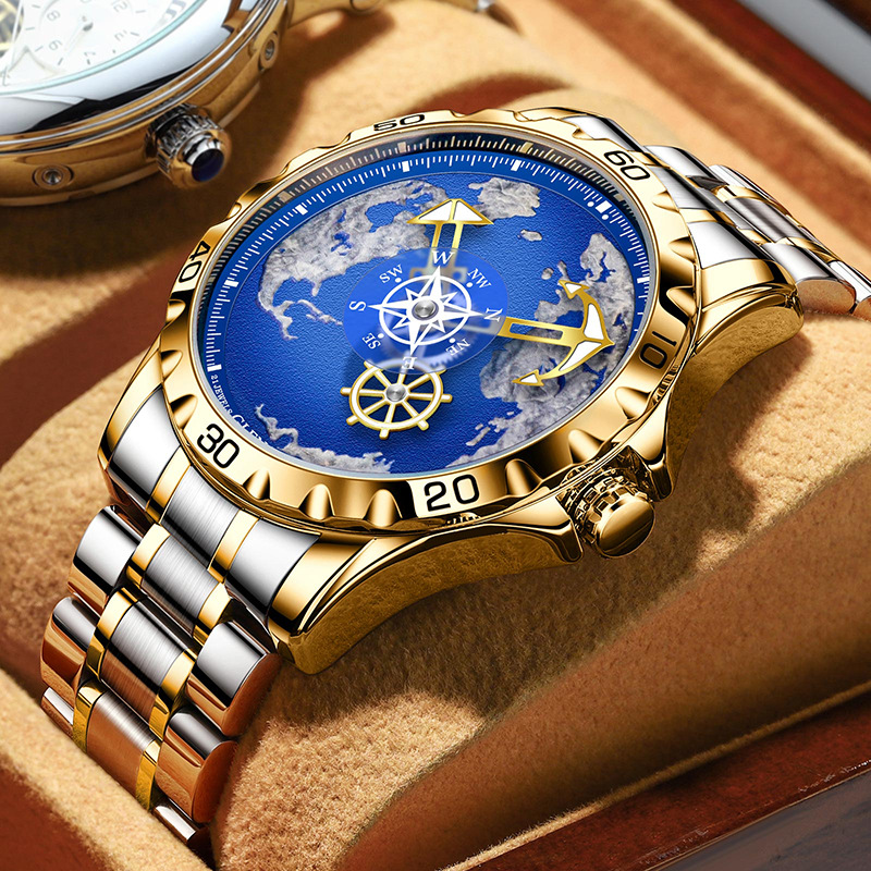 Đồng hồ nam automatic lộ máy dây thép cao cấp — Dây thép vàng Intershell, Dải thép bạc vỏ bạc