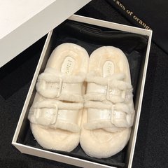 厚底白色毛毛拖鞋女外穿松糕鞋子女新款2023皮帶扣小香風加絨棉拖