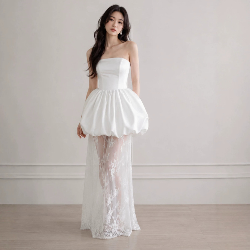 French-Style Light Wedding Dress, Strapless Puffy Skirt, Lace Two-Piece Set, Bride's Outdoor Travel Photography, Banquet Elegant Evening Dress, Niche Style