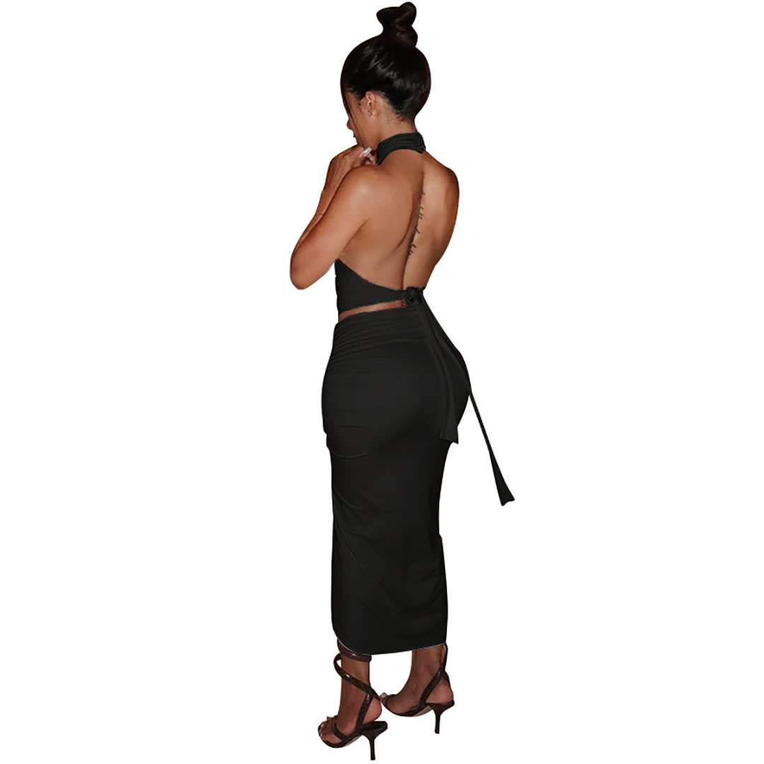 Summer Women Clothing Solid Color round Neck Cropped Backless Top Drawstring Mid Length Dress Set