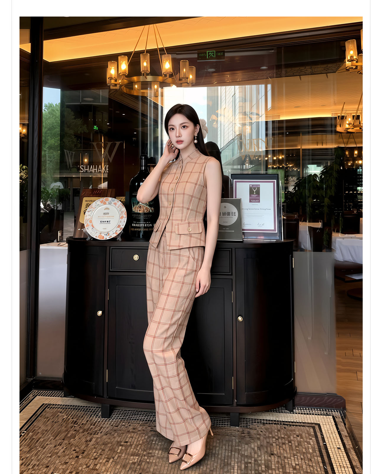 Bộ áo gile + quần dài nữ họa tiết kẻ caro thiết kế cổ điển, cài khuy vải, phối quần ống rộng — bộ đồ, Trang chủ, Quần dài chi tiết 6
