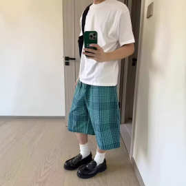 日系复古蓝格子五分短裤男宽松直筒夏季百搭休闲中裤ins情侣款