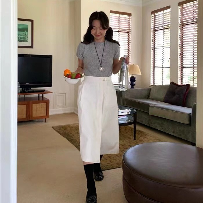 Now Available: Korean Dongdaemun Designer t's Spring Collection White Wrap-Around Midi Skirt with Side Pockets