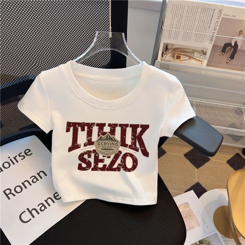 Pure Desire Style Round Neck Short Sleeve T-Shirt for Women, Spring and Summer High Waist Base Shirt, Exposed Navel Sports Sweet and Spicy Short Top