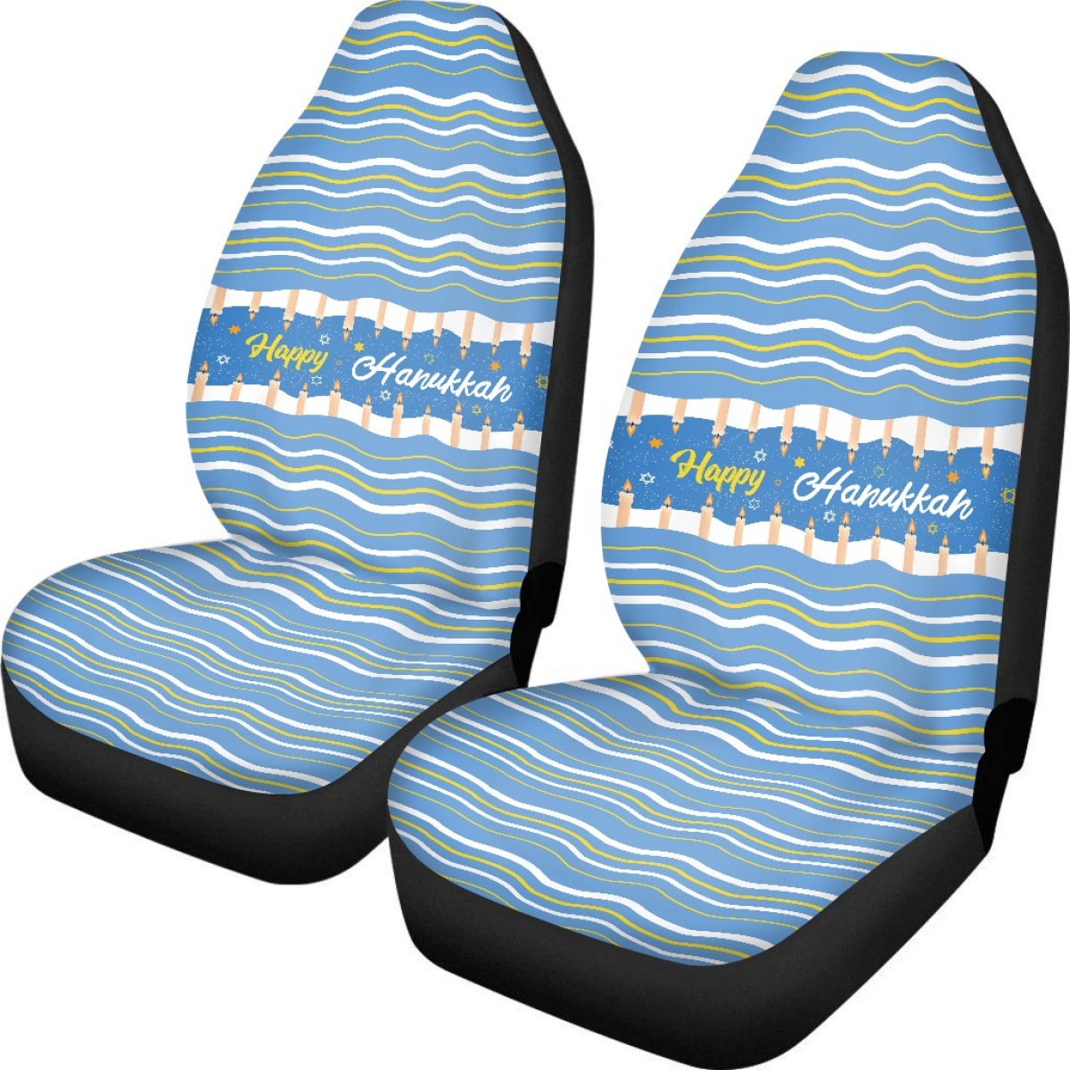 Amazon's best-selling car seat covers feature a Hanukkah candle print design and are custom-made with a non-slip backing. This set includes two pieces for the front seats