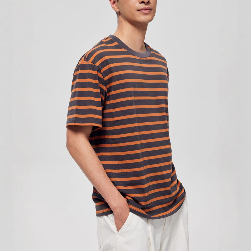 Trendy 32S Double Yarn Full Combed Cotton Yarn-Dyed Striped Crew Neck Unisex Short-Sleeve T-Shirt (Stripes on Front and Back)