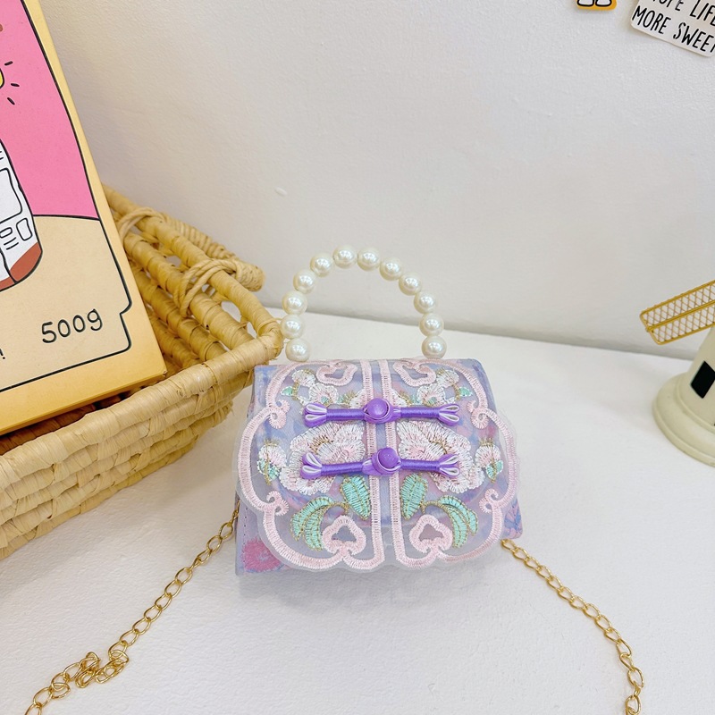 Chica linda princesa bolso de perlas encaje bordado portátil todo fósforo pequeño bolso cuadrado estilo étnico bolso de mensajero para niños